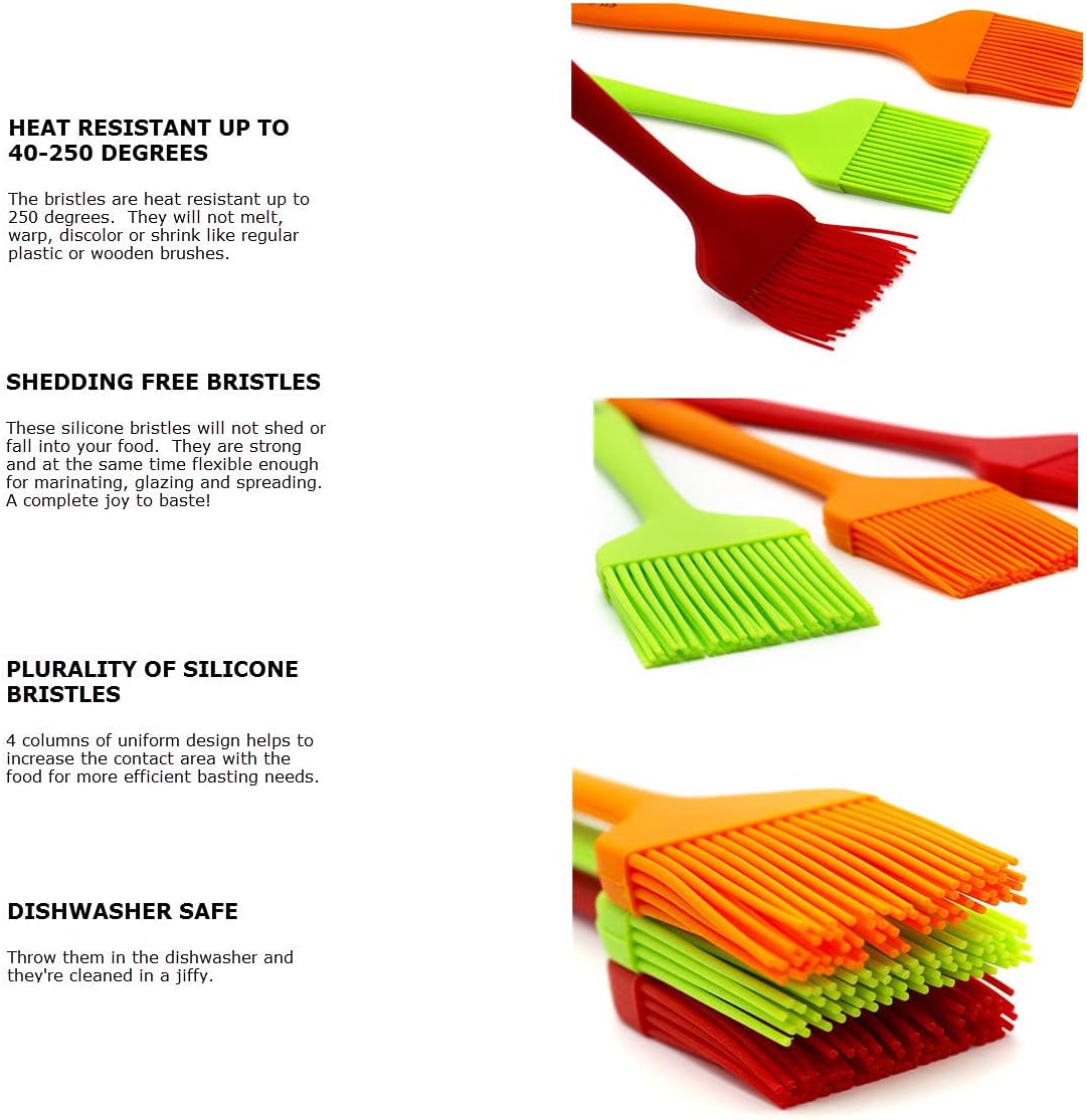 10" Silicone Pastry Basting BIG SIZE Brushes Heat Resistant BPA Free for BBQ Grill Barbecue & Kitchen Baking Cooking Marinating Oil Brushes Soft Bristles Long Handle (3, 10 Inches)