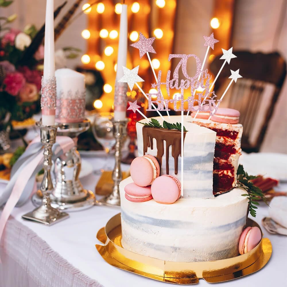 Glittery 70th Happy Birthday Cake Topper with Star,Personalised 70 Birthday Cake Toppers Party Decorations Party Supplies for Men Women Rose Gold