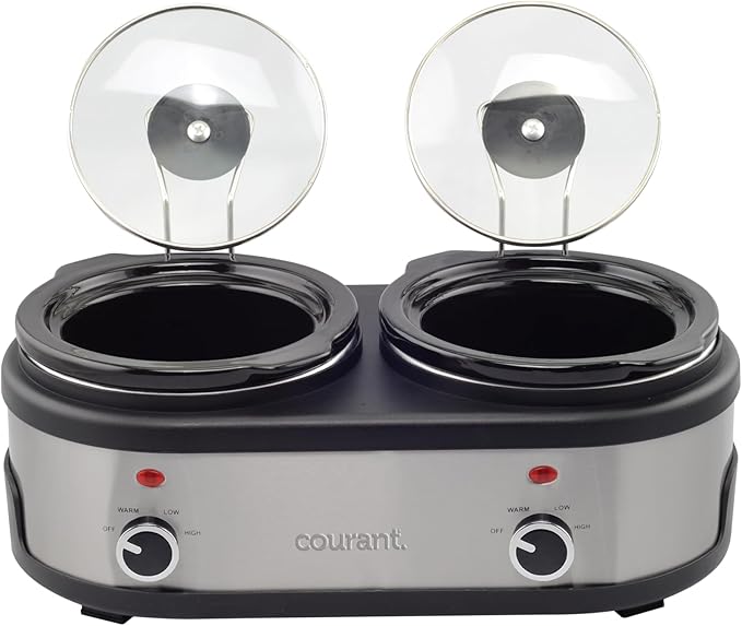 Courant 3.2-Quart Double Slow Cooker(1.6-Qt each) w/Warm Settings, Stainproof Stoneware Pots and Glass Lids – StainlessSteel