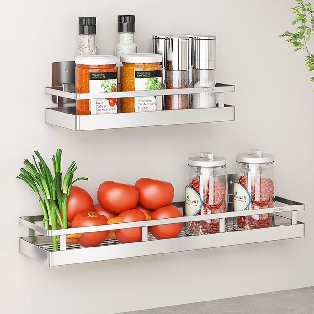 2PCS Kitchen Spice Rack, SUS304 Stainless steel Wall Mount Storage Rack, Seasoning Container, 11.8Inch Spice Organizer, Kitchen Seasoning Hanging Rack, Bathroom Shelf for Storing Toiletries