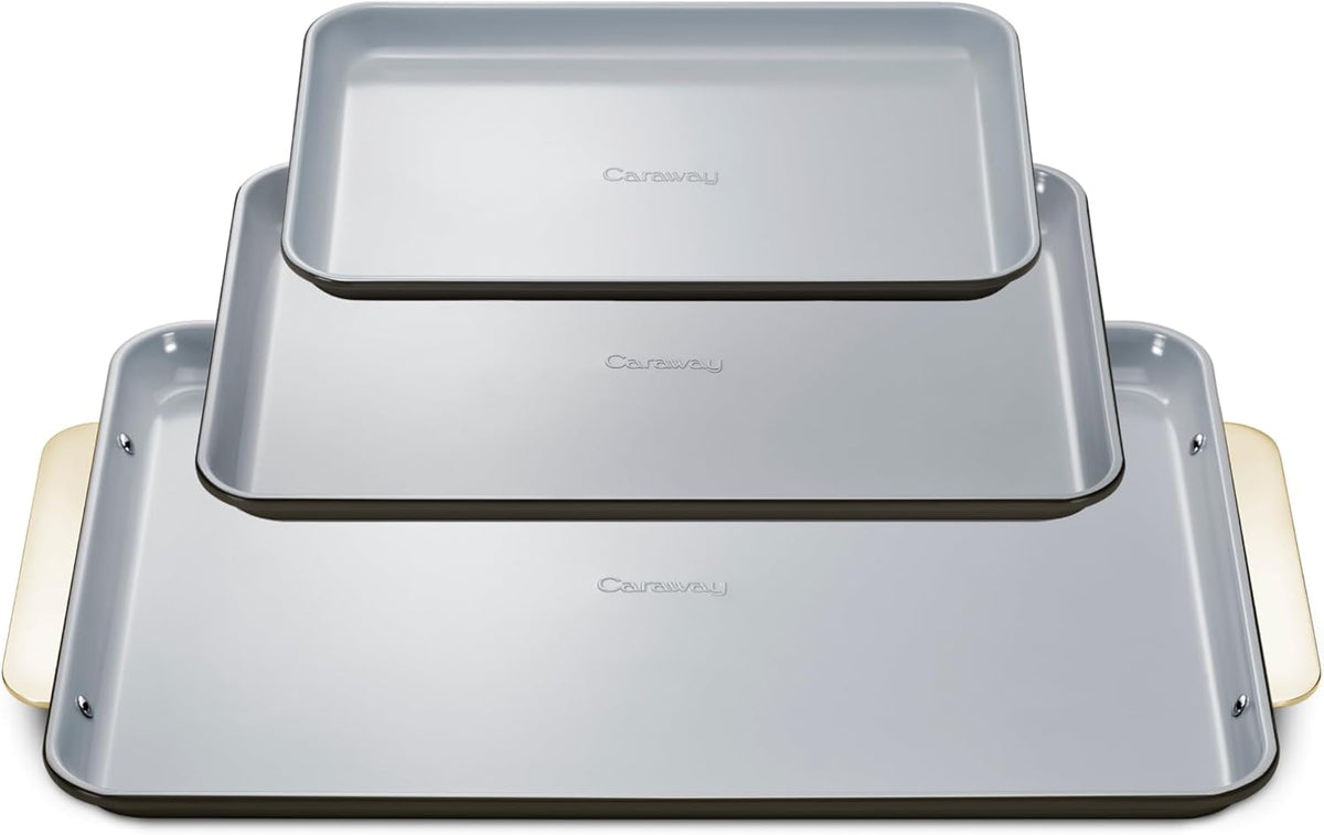 Caraway Non-Stick Ceramic Baking Sheet Trio - Naturally Slick Ceramic Coating - Non-Toxic, PTFE & PFOA Free - 18 x 13 Large, 15 x 10 Medium, & 9" x 13" Small - Black