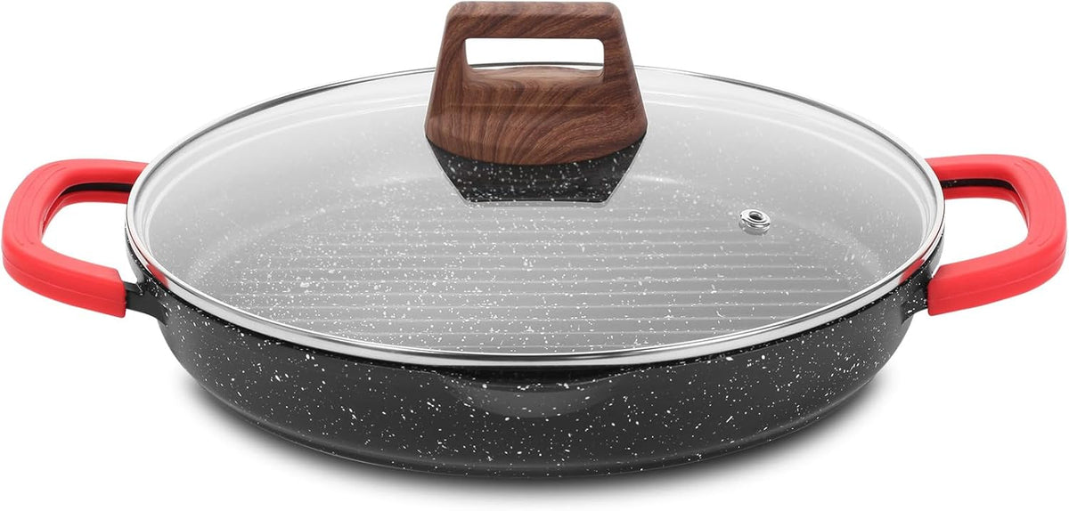 ESLITE LIFE Nonstick Grill Pan for Indoor Cooking, Versatile Induction Square Large Grilling Skillet Steak Pan for Stove Tops, PTFE & PFOA Free (Black, 11" w/Round & Lid & Tongs)