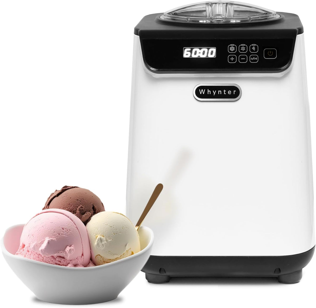 Whynter Ice Cream Maker Machine Automatic 1.28 Qt Upright with Built-in Compressor, LCD Digital Display & Timer, No Pre-Freezing, ICM-128WS, White