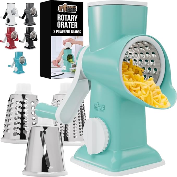GORILLA GRIP BPA-Free Rotary Cheese Grater Hand Crank, Easy to Set Up, Strong Suction Base for Kitchen Countertop, Shred Potato, Vegetable, Nuts in Seconds, Round Mandoline Slicer, 3 Blades, Mint