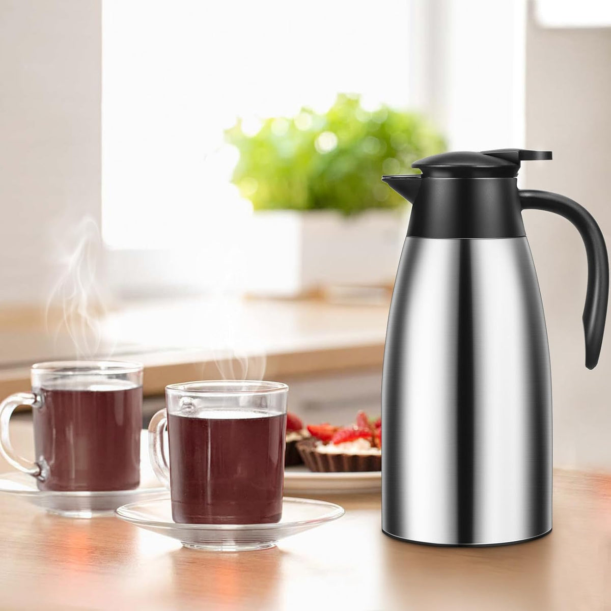 2 PCS 68 OZ Thermal Coffee Carafe, Insulated Stainless Steel Coffee Carafe Double Walled Vacuum Thermal Pot Flask with Brushes Thermos for Keeping Hot Coffee Tea Home and Office (Silver)
