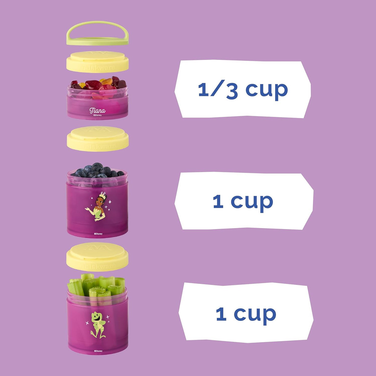 Whiskware Disney Princess and the Frog, Stackable Snack Containers for Kids, 3 Stackable Snack Cups for School or Travel, Formula and Cupholder Friendly, Tiana