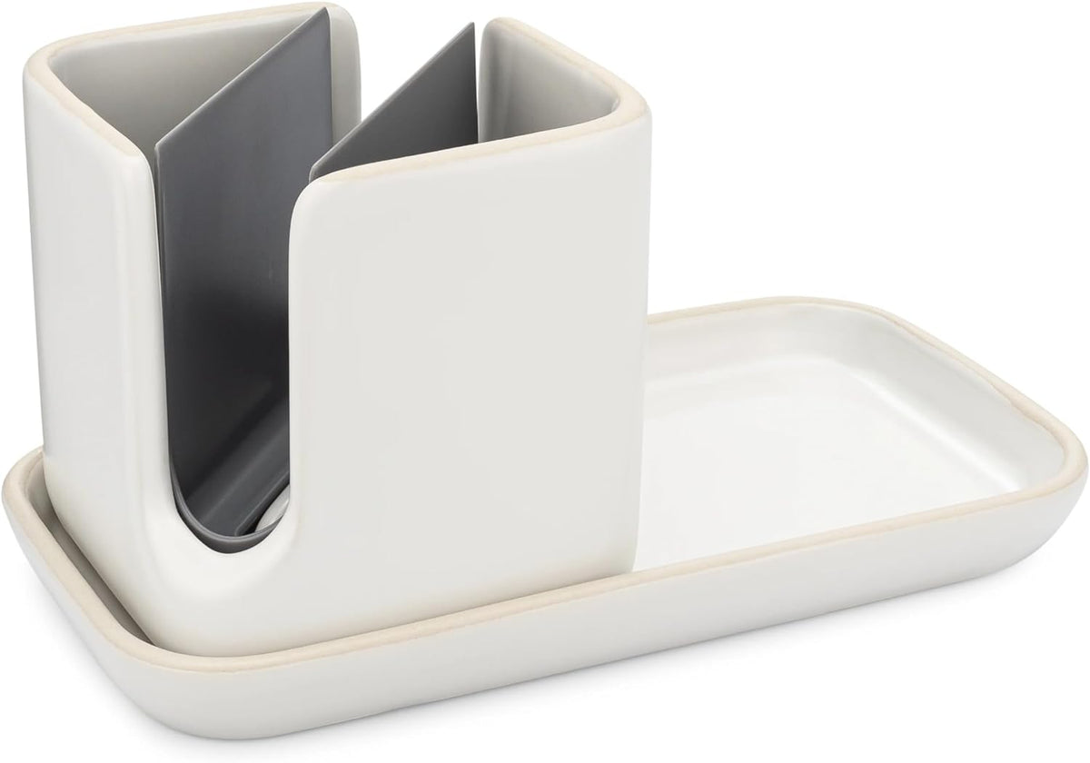 Full Circle Stash, Ceramic Kitchen Sink Caddy, Stylish Modular Sponge Holder & Dish Brush Organizer, White/Gray, 11"
