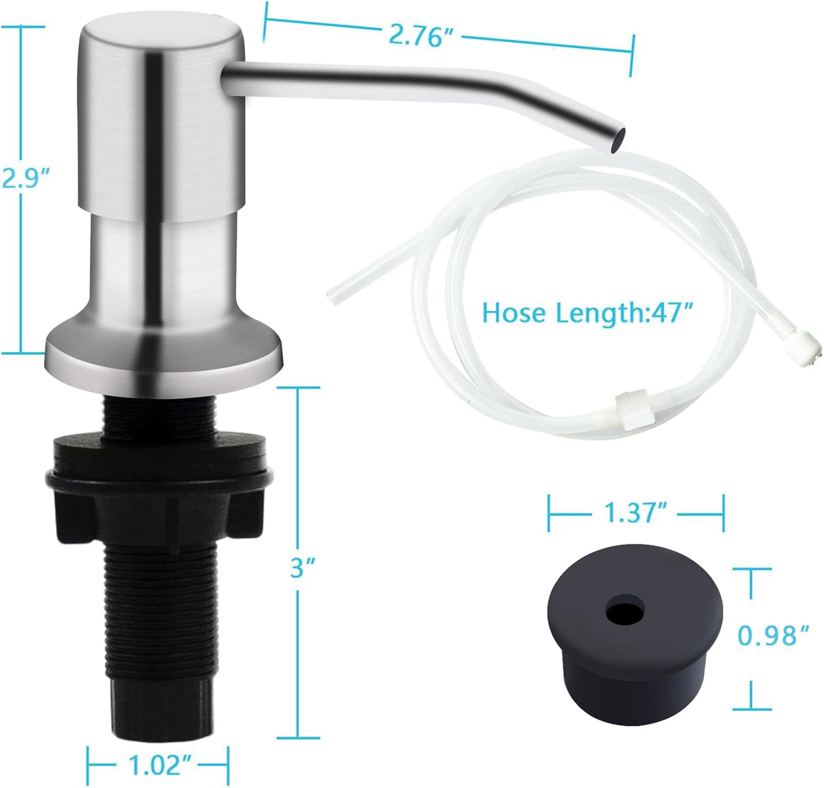 Kitchen Sink Soap Dispenser, Brushed Nickel Countertop Soap Dispenser Pump, 47" Silicone Extension Tube Connect to The Soap Bottle Directly, Say Goodbye to Frequent Refills