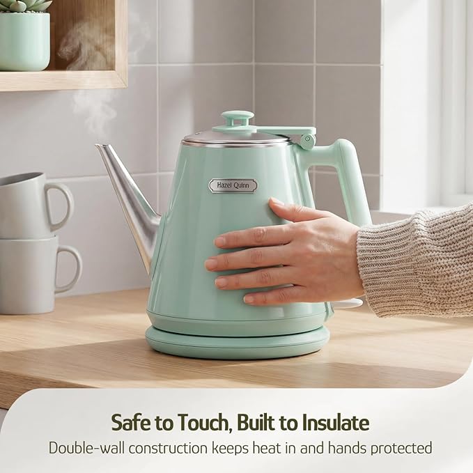 Hazel Quinn Electric Kettle - 1L/34oz Small Tea Kettle, 800W Fast Boil, All 304 Stainless Steel Interior, Double Wall for Cool Touch and Thermal, Auto Shut-Off, BPA-Free, Cordless - Mint Green