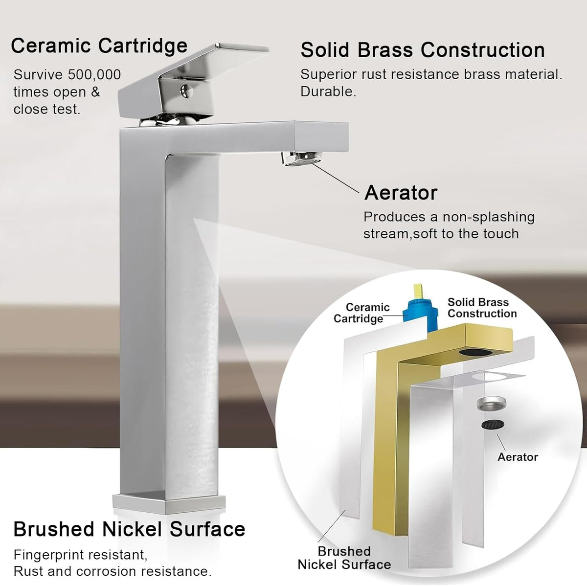 Brushed Nickel Solid Brass Tall Single Handle Bathroom Faucet, cUPC & CEC Certified Vessel Sink Faucet 1 Hole, Mixer Bar Tap with Pop Up Drain & Water Supply Hoses
