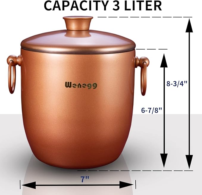 Ice Bucket with Lid, Scoop, Tongs and Strainer - Well Made Insulated Stainless Steel Keep Ice Frozen Longer - Ideal for Cocktail Bar, Parties, Chilling Wine, Champagne - 3 Liter (Copper)
