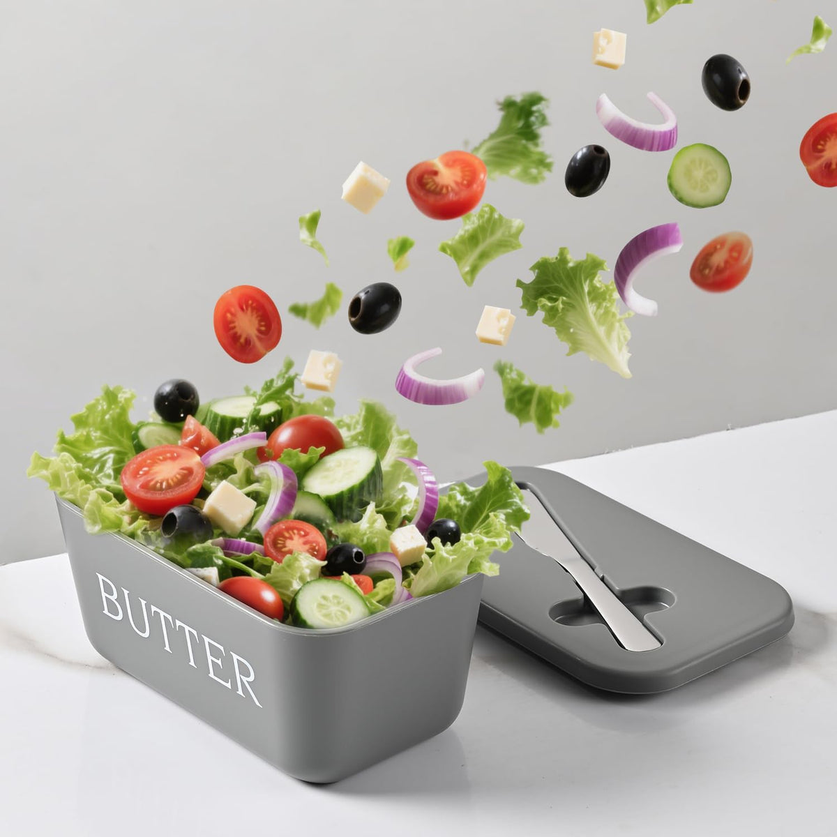 Plastic Large Butter Dish With Lid,Food Grade PP Butter Keeper With Cover,Grey Butter Container For Kitchen Refrigerator Countertop