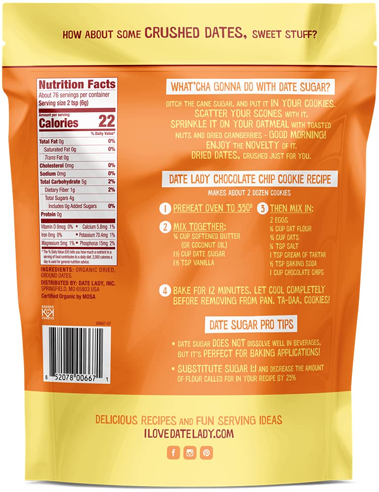Date Lady Organic Date Sugar, 1 lb | Vegan, Paleo, Gluten Free & Kosher | Alternative Sweetener for Baking | Will Not Dissolve in Coffee (1 Bag)