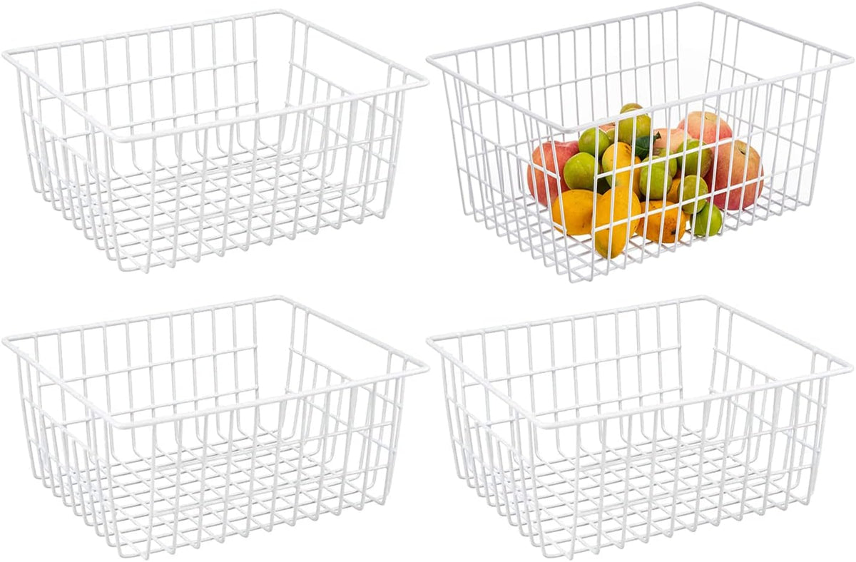 Redrubbit Wire Storage Baskets, Large Farmhouse Metal Freezer Basket Storage Organizer Bins with Handles for Kitchen Cabinets, Pantry, Closets, Bedrooms, Bathrooms, Set of 4, White