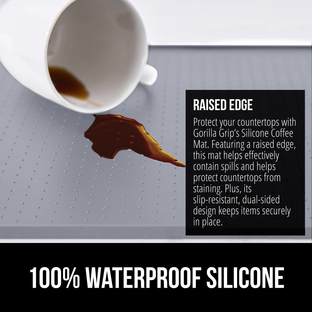 GORILLA GRIP Silicone Coffee Mat, 15x23, Espresso Drink Bar Station Accessories, Use Under Machine, Waterproof Heat Resistant Multi-Use Dish Drying Mats, Stays in Place, Kitchen Home Decor, Gray