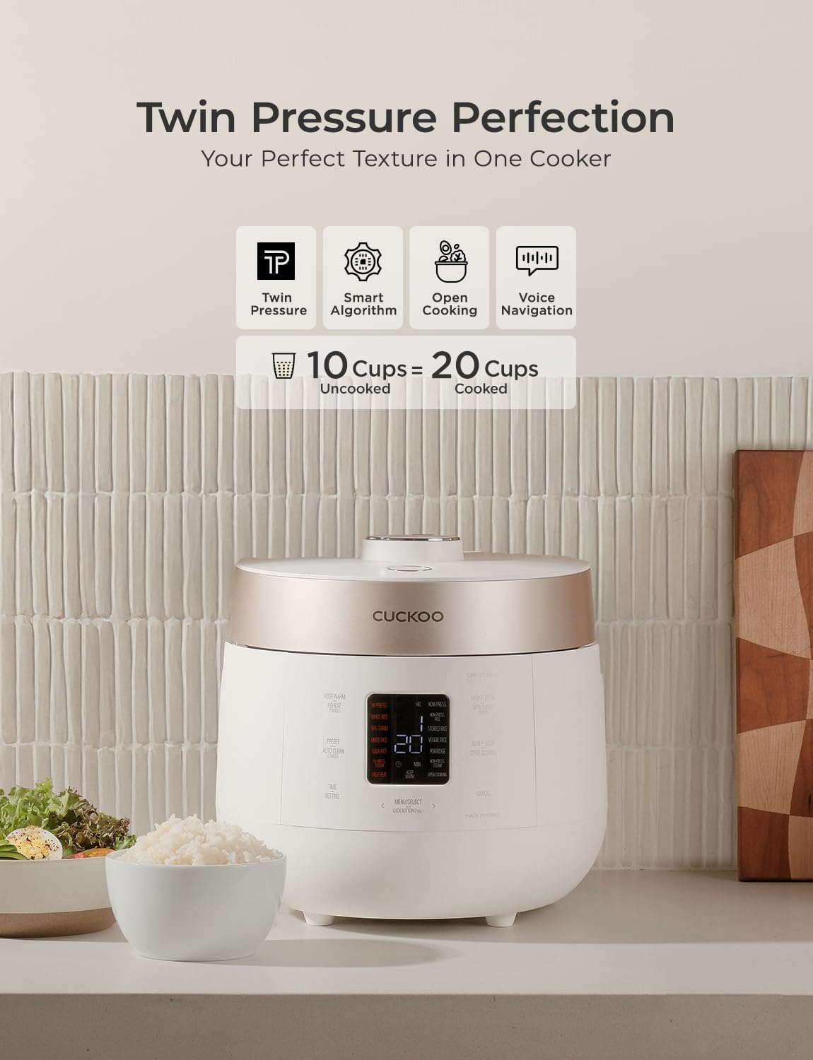 CUCKOO CRP-ST1009FW 10-Cup (Uncooked) / 20-Cup (Cooked) Twin Pressure Rice Cooker & Warmer with Nonstick Inner Pot, 16 Menu Options, 3 Voice Guide, Auto Clean (White)