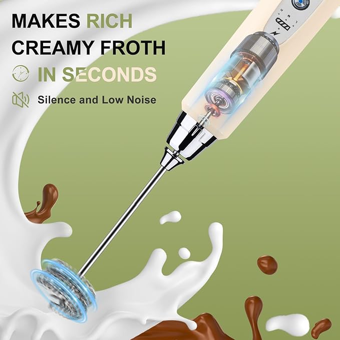 YUSWKO Beige Handheld Milk Frother Wand with Stand for Coffee, Rechargeable Electric Whisk with 3 Heads 3 Speeds Drink Mixer Coffee Frother For Latte, Cappuccino, Hot Chocolate, Egg