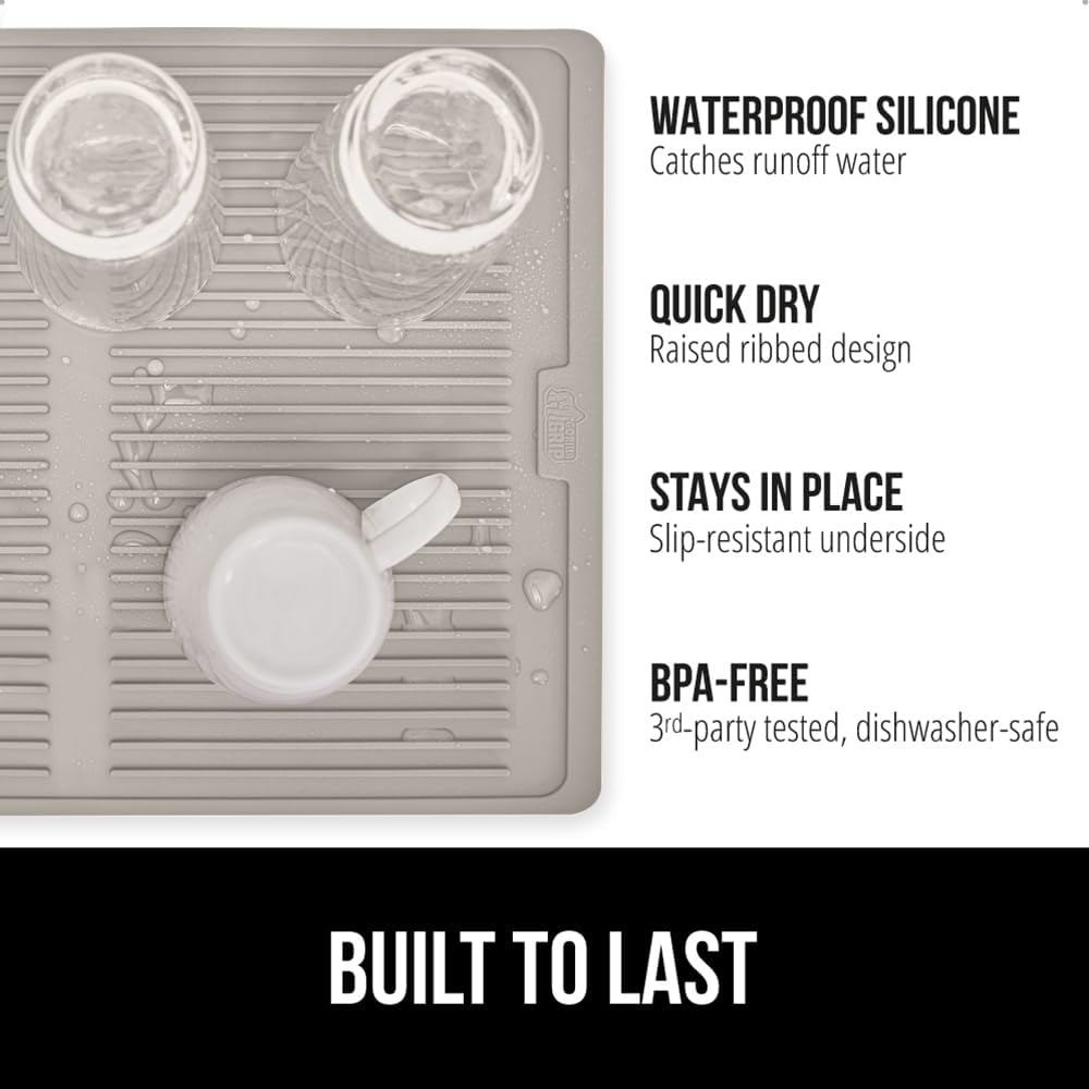 GORILLA GRIP 100% BPA-Free Patented Silicone Dish Drying Mat for Kitchen Counter, Water Catching Ribbed Design, Easy Clean Waterproof Sink Liner, Heat Resistant, Fits Under Rack, 16x12 Inch, Almond
