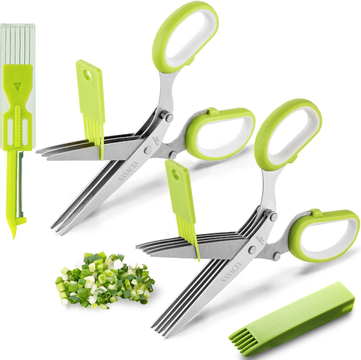 2-Pack Herb Scissors Set with 5 Blades & 3 Blades, Green Stainless Steel Kitchen Shears for Herbs, Veggies, Paper Shredding, with Cleaning Comb & Cover
