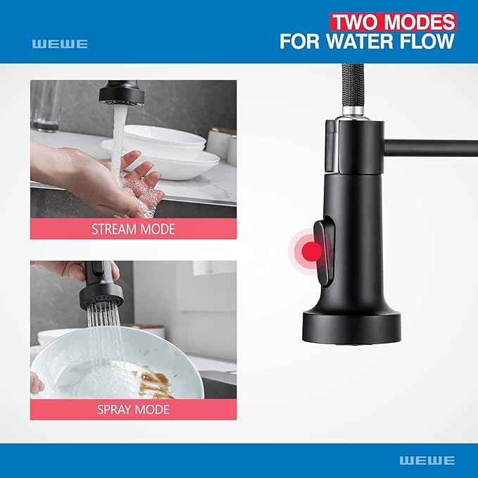 WEWE Faucet for Kitchen Sink, Kitchen Faucets Black Stainless Steel Commercial Spring Kitchen Faucet with Pull Down Sprayer, One Hole or 3 Hole Kitchen Faucet for RV Outdoor Farmhouse Camper Bar Sinks