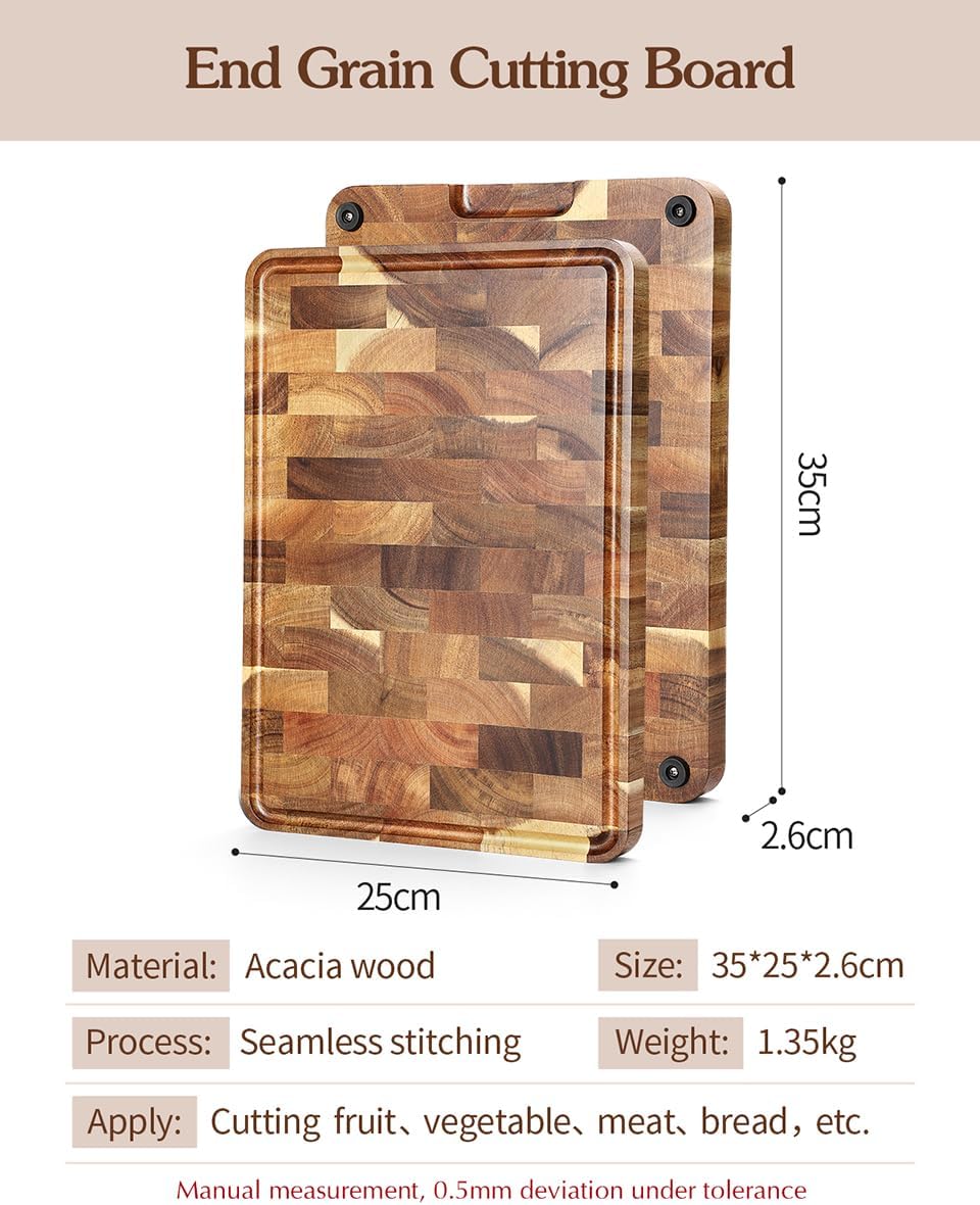 XINZUO Acacia Wood End Grain Cutting Board (13.8''L x 9.8''W x 1''T)-Wooden Chopping Board with Non-Slip Feet, Side Handles and Juice Groove