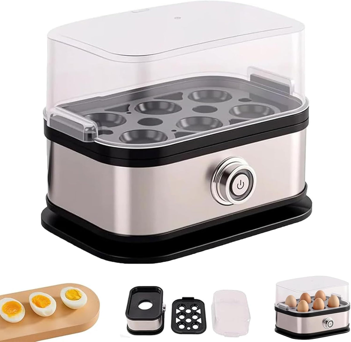 Sunny Side Master Egg Cooker, Multi-functional 6-Egg Rapid Cooking Capacity, Electric Poacher with Stainless Steel Design, For Soft Medium Hard Boiled Eggs and Omelettes (1Pcs)