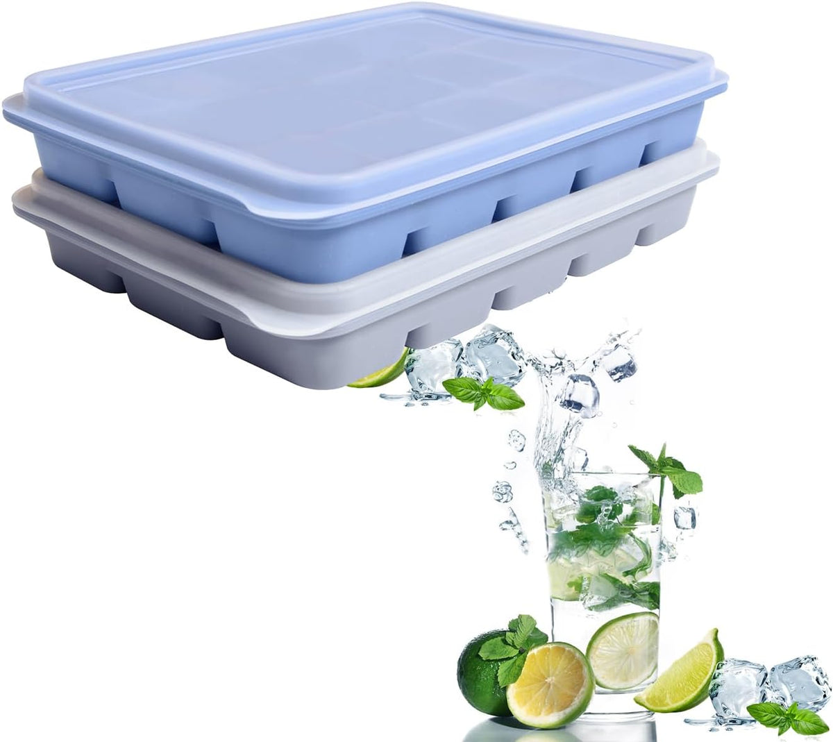 Ice Cube Trays Set of 2, Easy Release 15 Flexible Silicone Ice Cube Molds with Removable Lid Reusable Freezer Ice Trays Stackable for Whiskey, Baby Food, BPA Free (BLUE+GRAY)