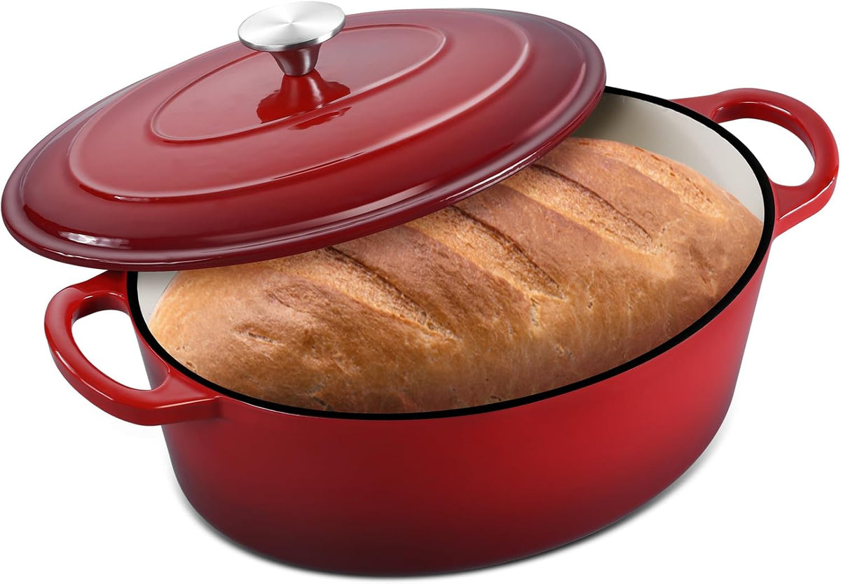 7 Quart Oval Dutch Oven with Lid, Leonyo 7QT Enameled Oval Cast Iron Dutch Oven for Sourdough Bread Breaking, Heavy Duty Cookware for Braising, Stews, Roasting, Red