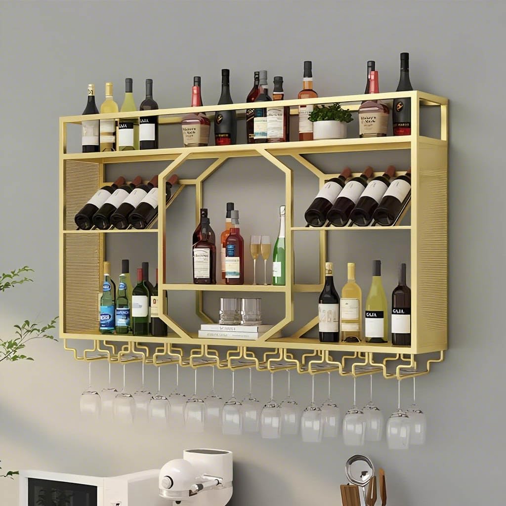 Wall Mounted Wine Rack, 3-Tiers Metal Bar Bottle Holder, Modern Wine Glass Storage Display Shelves, Wall Wine Rack for Kitchen Bar Dining Rooms Decoration ﻿ (Gold, 55.11in/140cm)