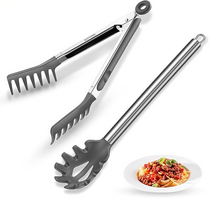 Spaghetti Spoon and Pasta Tong with Grip Teeth and Drain Holes, 2-Piece Non-Stick Silicone Head with Stainless Steel Handle, Heat Resistant Food Grade Utensils for Cooking, Serving, Salad and Noodles