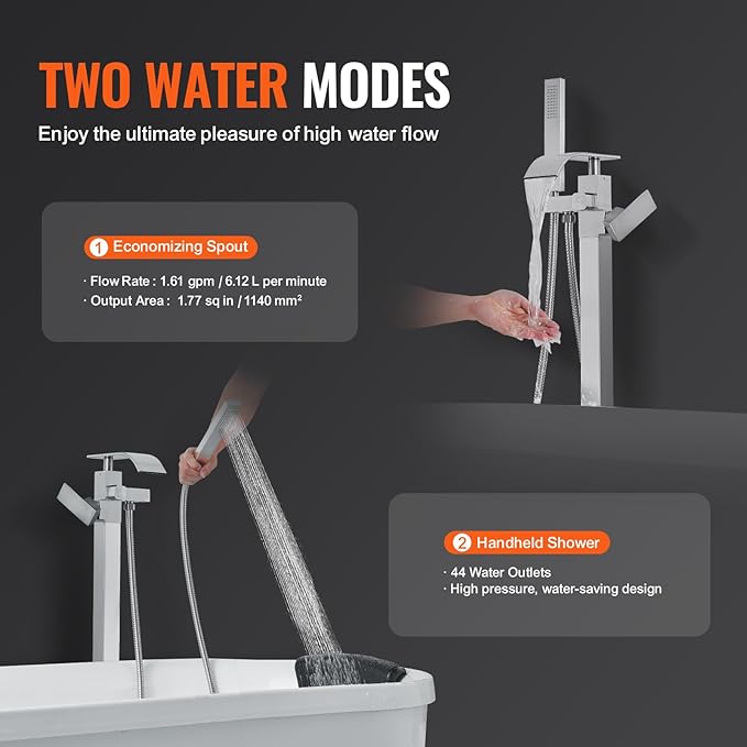 VEVOR Freestanding Bathtub Faucet, Floor Mount, Freestanding Tub Filler, Shower Mixer Taps, Two Water Modes, 360° Swivel Spout, for Bathing & Showering Pet Bathing Cleaning Drains Toilet Flushing