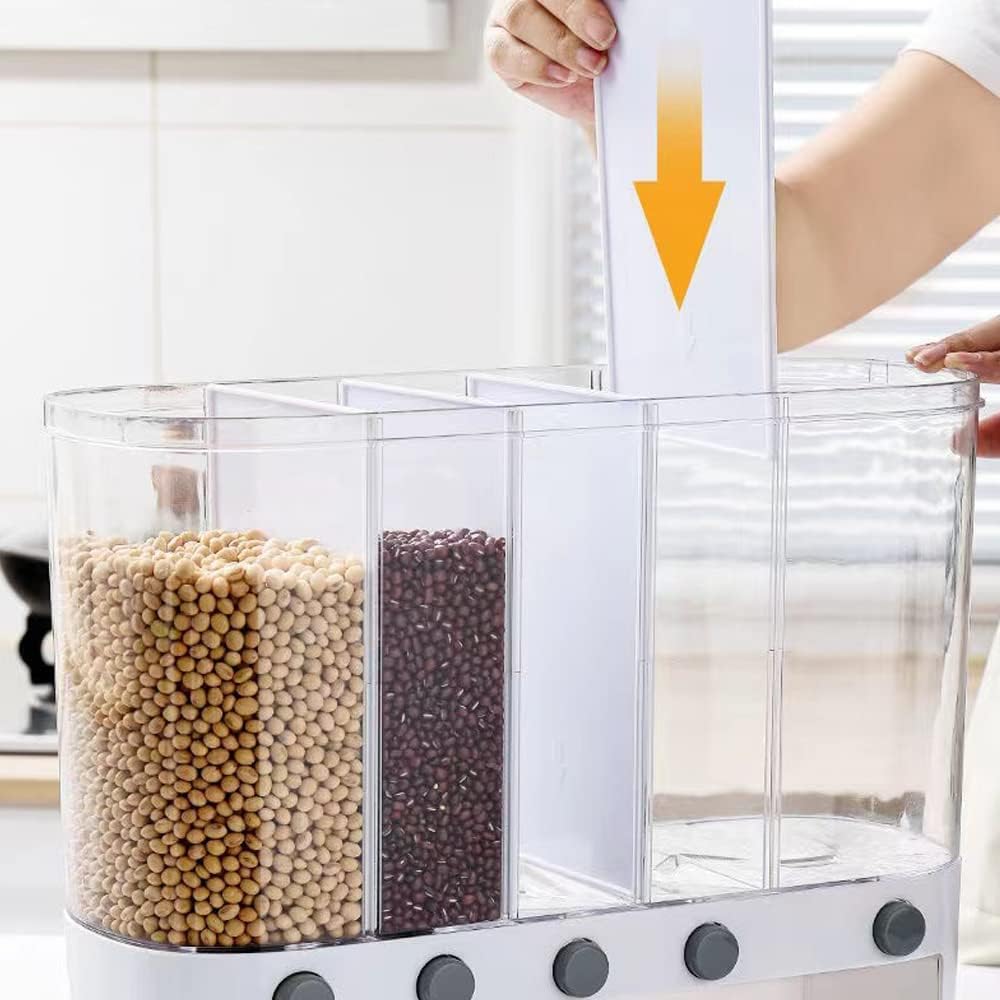 Dry Food Dispenser,Wall mounted 5 Grid Cereal Dispenser,Rice dispenser 25 pounds Kitchen Storage with Measuring Cup