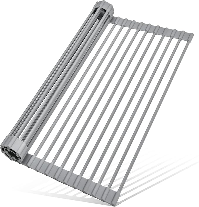 MERRYBOX Roll Up Dish Drying Rack, Over The Sink Dish Rack Foldable, Heat-Resistant, Anti-Slip Silicone Coated Steel Dish Drainer for Kitchen Sink, Multipurpose Roll Up Sink Drying Rack, 17.5" x 13"