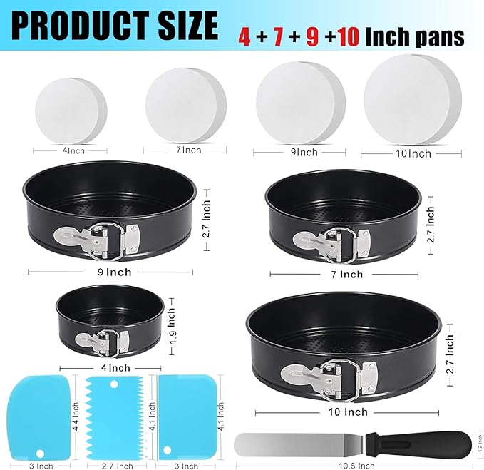 Round Cake Pan Sets for Baking Cake Decorating Supplies: 4 Non-Stick Springform Pans Set (4, 7,9,10 inches), Icing Tips, Cake Leveler – Multi-functional Leak-Proof CheeseCake Pan