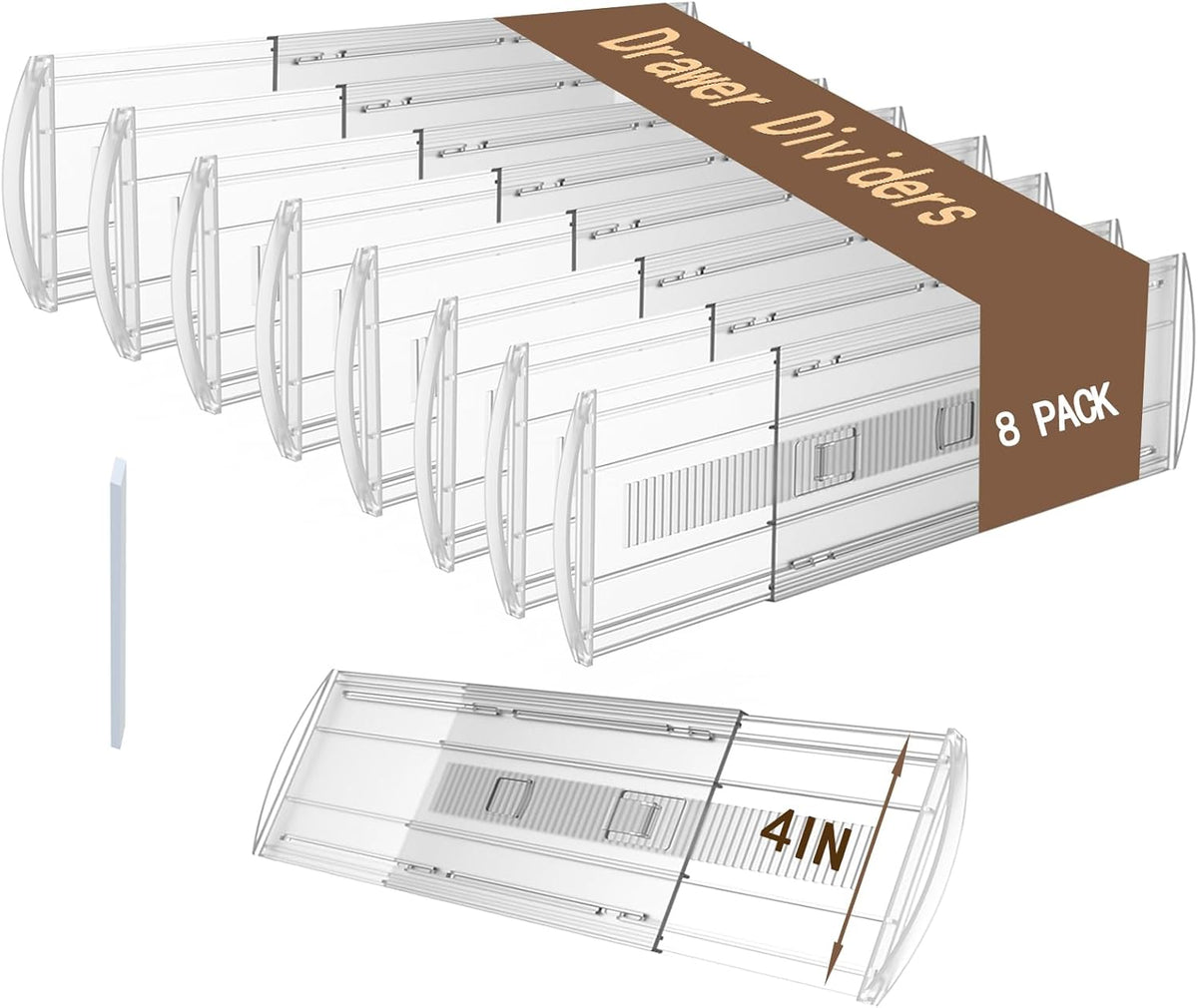 8 Pack Adjustable Drawer Dividers for Clothes,4" High Clear Expandable From 13-22" Drawer Organizers, PC Plastic Separators for Dresser/Bedroom/Bathroom/Kitchen/Office Storage,Easy to Assemble