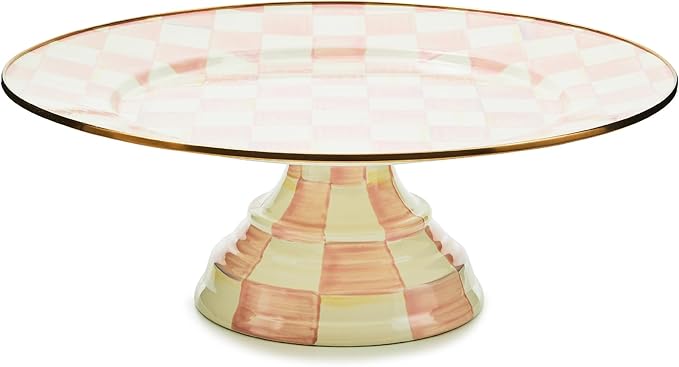 MACKENZIE-CHILDS Enamel Pedestal Platter, Round Cake Stand, Large, Pink-and-White Rosy Check