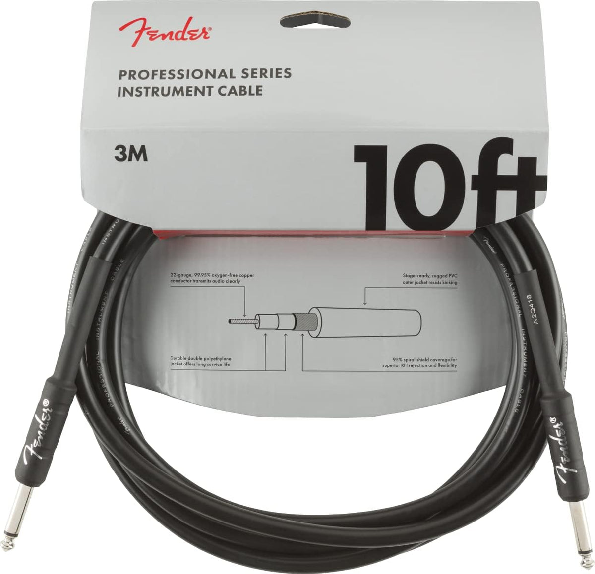 Fender Professional Instrument Cable, Guitar Cable, Anti-Kink, 10ft, Black
