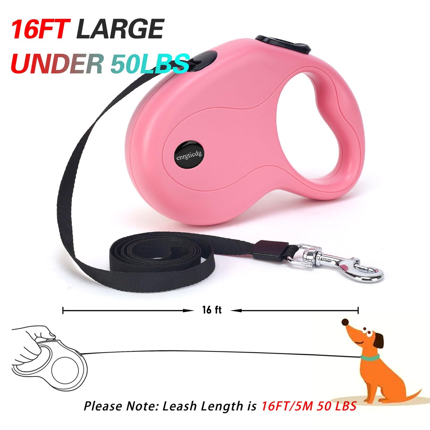 enrgticdg 16Ft Retractable Dog Leash,Light Weight Leash for Small to Medium Dogs/Cats Up to 50lbs,Stainless Steel Spring Strong Nylon Tape, Tangle Free, One-Handed Brake.(Pink-Black)