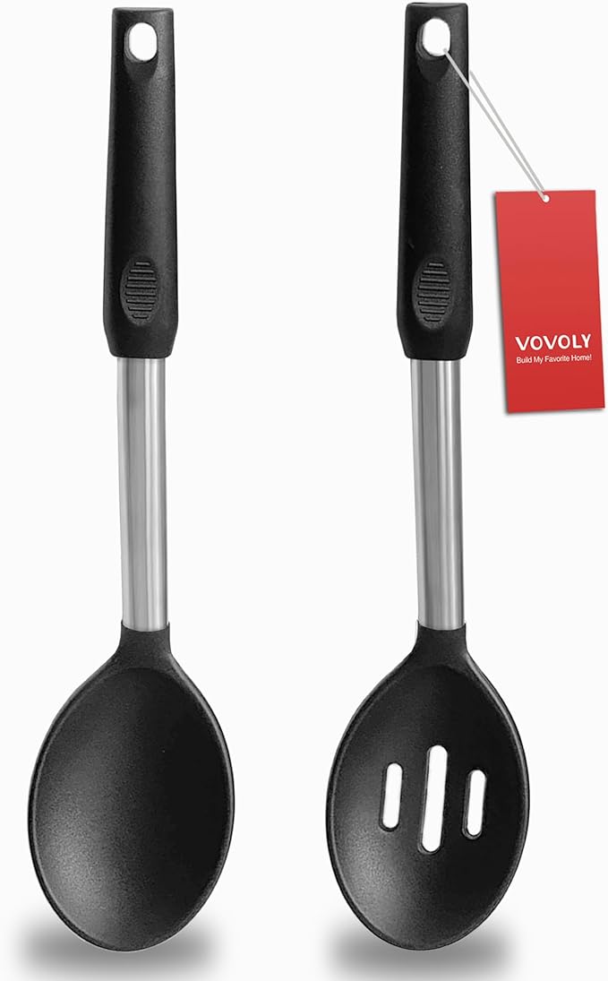 Pack of 2 Large Silicone Cooking Spoons,Non Stick Solid Basting Spoon,Heat-Resistant Kitchen Utensils for Mixing,Serving,Draining,Stirring (Black)