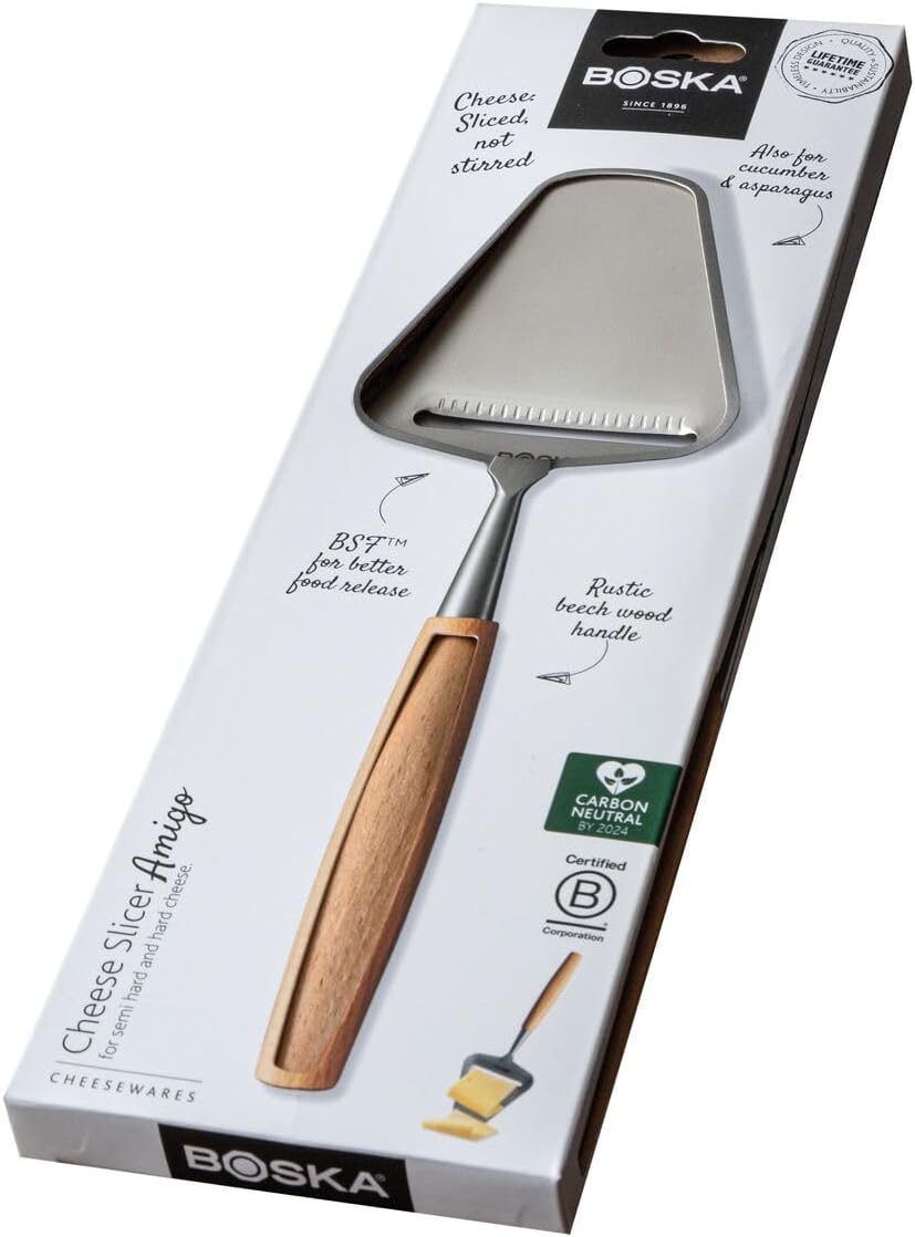 Boska cheese slicer Amigo/Slicer for mature and aged cheese/Ergonomic handle/Stainless steel/Beech wood/Non-stick thanks to BSF treatment/Also for slicing vegetables