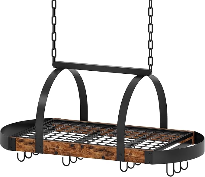CHOEZON Hanging Pot Rack, Pot Hanger for Kitchen, Ceiling Mounted Pot Holder, Cookware Organizer with 12 S-Shaped Hooks, for Pot, Pan Storage, Space-Saving, Rustic Brown and Black TPR08BFC1