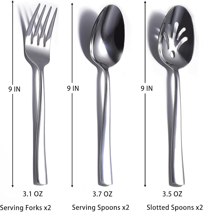 6 Piece Serving Utensils Set, Includes Serving Spoons x 2, Slotted Spoons x 2, Serving Forks x 2, Large Cutlery for Catering Buffet, Mirror Polished, Dishwasher Safe, 9 Inches