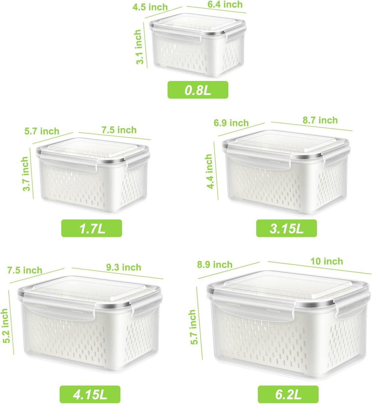 5 Pack Fruit Storage Containers for Fridge, Produce Saver Vegetable Container with Drain Colanders - Refrigerator Organizer for Lettuce Keepers Berry Container