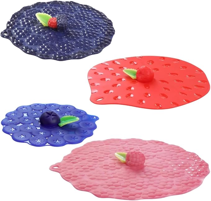 Charles Viancin - Berries Lid Gift-Box - Set of 4 Silicone Lids for Food Storage and Cooking - 11''/28cm + 9''/23cm + 8''/20cm + 4''/10cm - Airtight Seal on Any Smooth Rim Surface