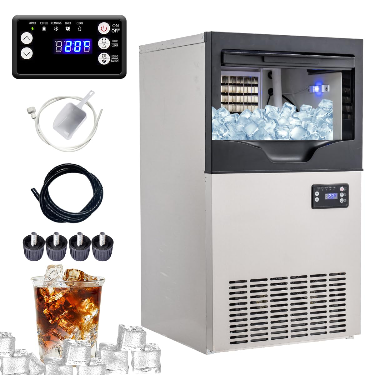 Commercial Ice Maker Machine, 100lbs/24H Stainless Steel Under Counter ice Machine with 22lbs Ice Storage Capacity, 6 Levels of Ice Thickness Adjustment, Ice Ready in 5-15 min