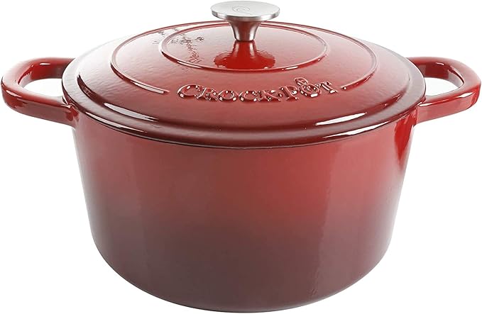 Crock-Pot Artisan 3-Quart Round Enameled Cast Iron Dutch Oven – Gradient Red, Durable Heavy-Duty Cookware for Slow Cooking, Roasting, Baking with Lid