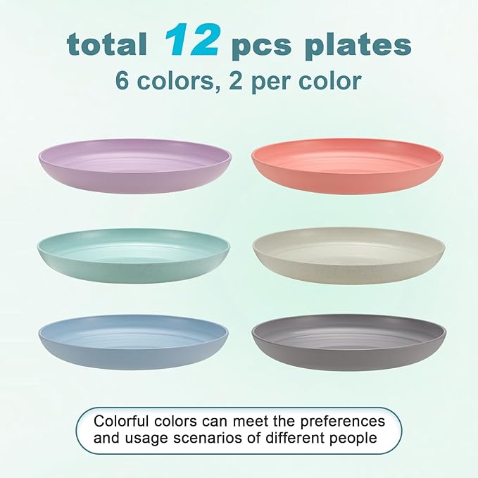 12 Pcs Unbreakable Deep Dessert Plates Set, 8 inch Reusable Plastic Wheat Straw Plates, Microwave and Dishwasher Safe Plate for Kitchen, Lightweight Plate for Dessert, BPA Free, 6 Colors