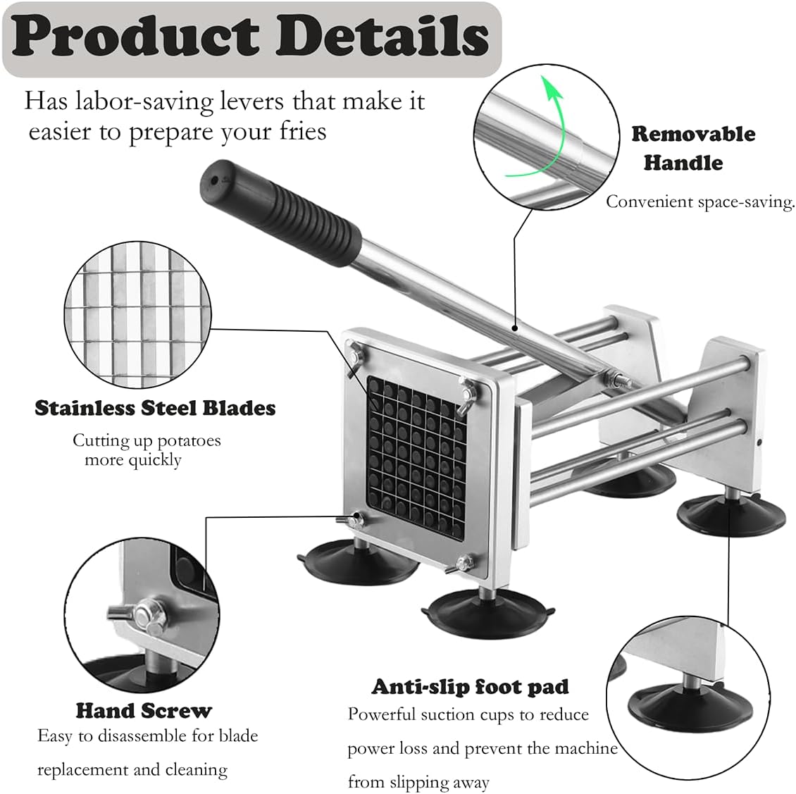 French Fry Cutter，Professional Stainless Steel Potato Cutter， Press Fries with 1/2-Inch and 3/8-Inch Blade Great for Potatoes
