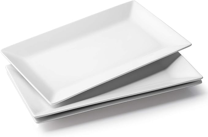 DOWAN 14" Serving Trays, Serving Platters, Ceramic Serving Platters and Trays, Rectangle Plates, Set of 3, for Weddings, Parties, Oven, Microwave, Dishwasher, Heat Resistant, Easy to Clean, White