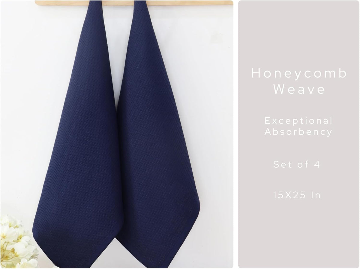 PurpleEssences Waffle Weave Kitchen Towel, 100% Cotton - 15 x 25 Inches, with Hanging Loop Ultra Soft Absorbent Quick Drying Dish Cloth, Tea and Hand Towels, 4 Pack - Navy Blue